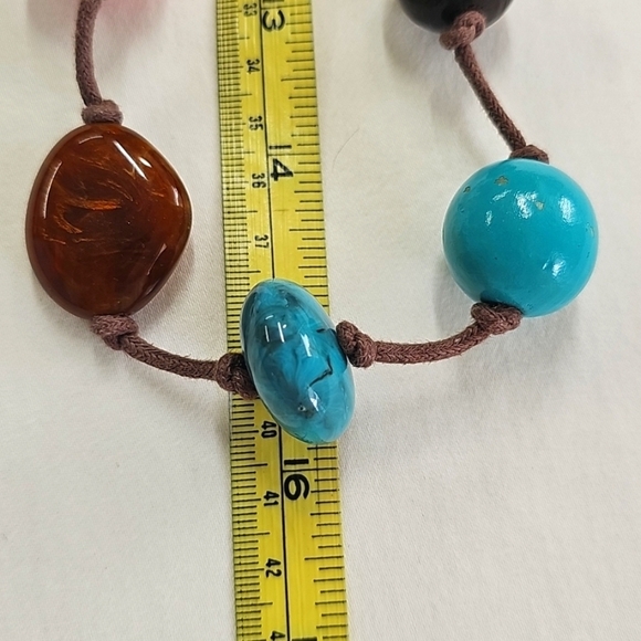 Turquoise Coral Brown Beaded Necklace On Knotted Brown String - Picture 5 of 5